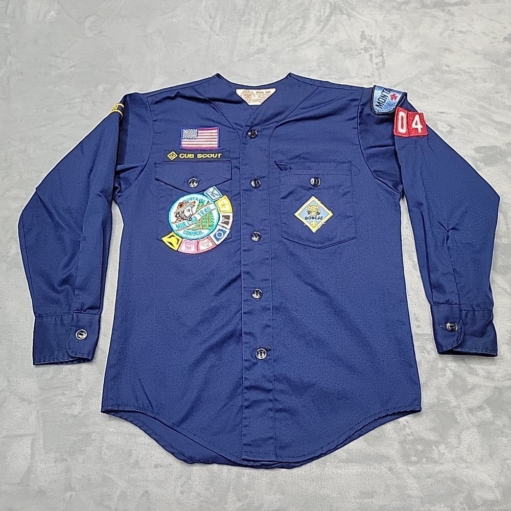 VTG Boy Scouts Of America Shirt Boys L Blue Official Uniform Patches Montana